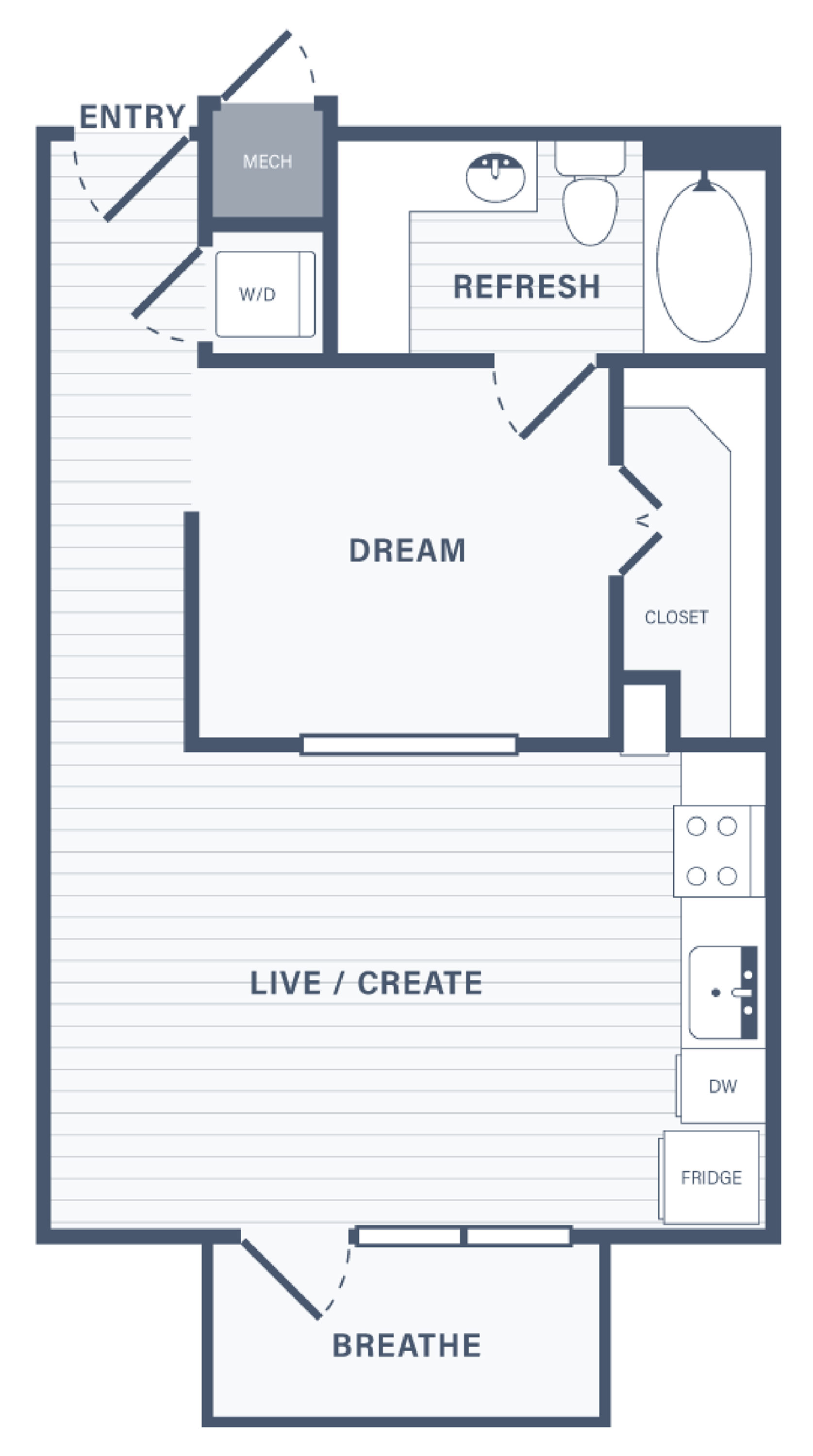 Studio One Bedroom floor plan at 255 Assay Luxury Apartment Community near Humble, Texas