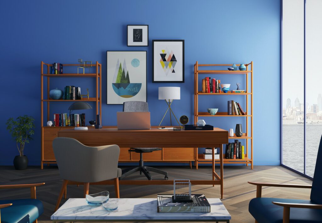 apartment in northeast houston mcm blue wall living room wooden bookshelves with art on wall